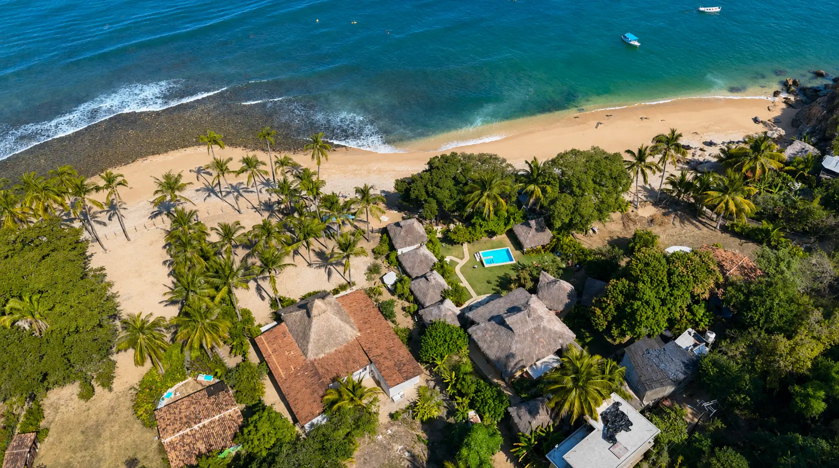 Aerial view of Amaca Beach Retreat: palapas among palm trees facing Quimixto beach